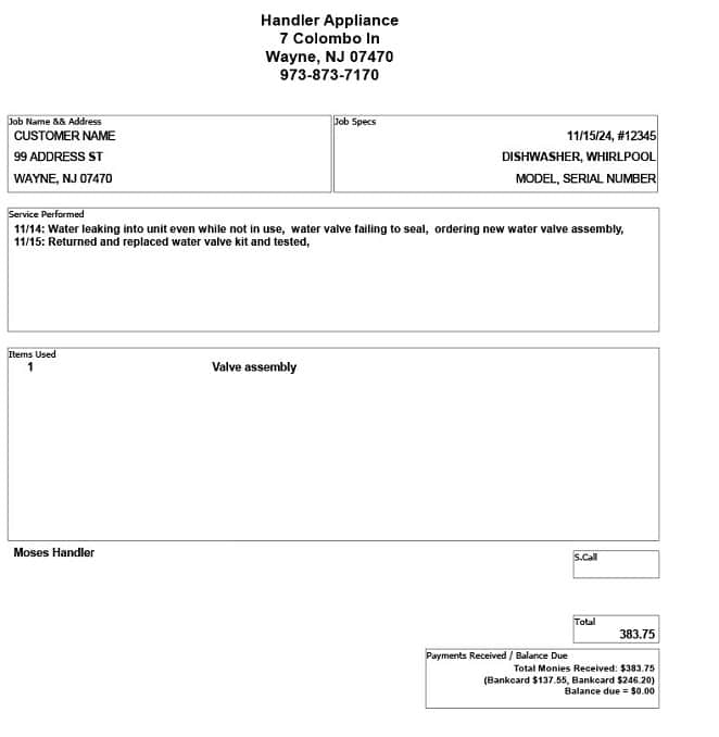 official handler appliance invoice